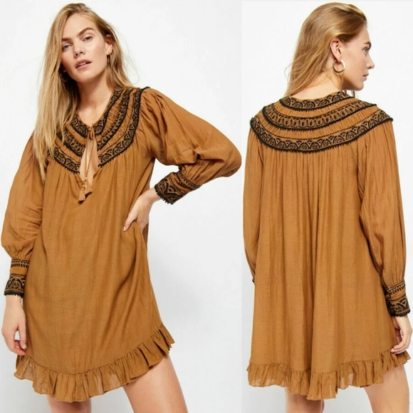 Free People Dresses & Skirts - Free People Erin Embroidered Yellow Keyhole Mini Dress
